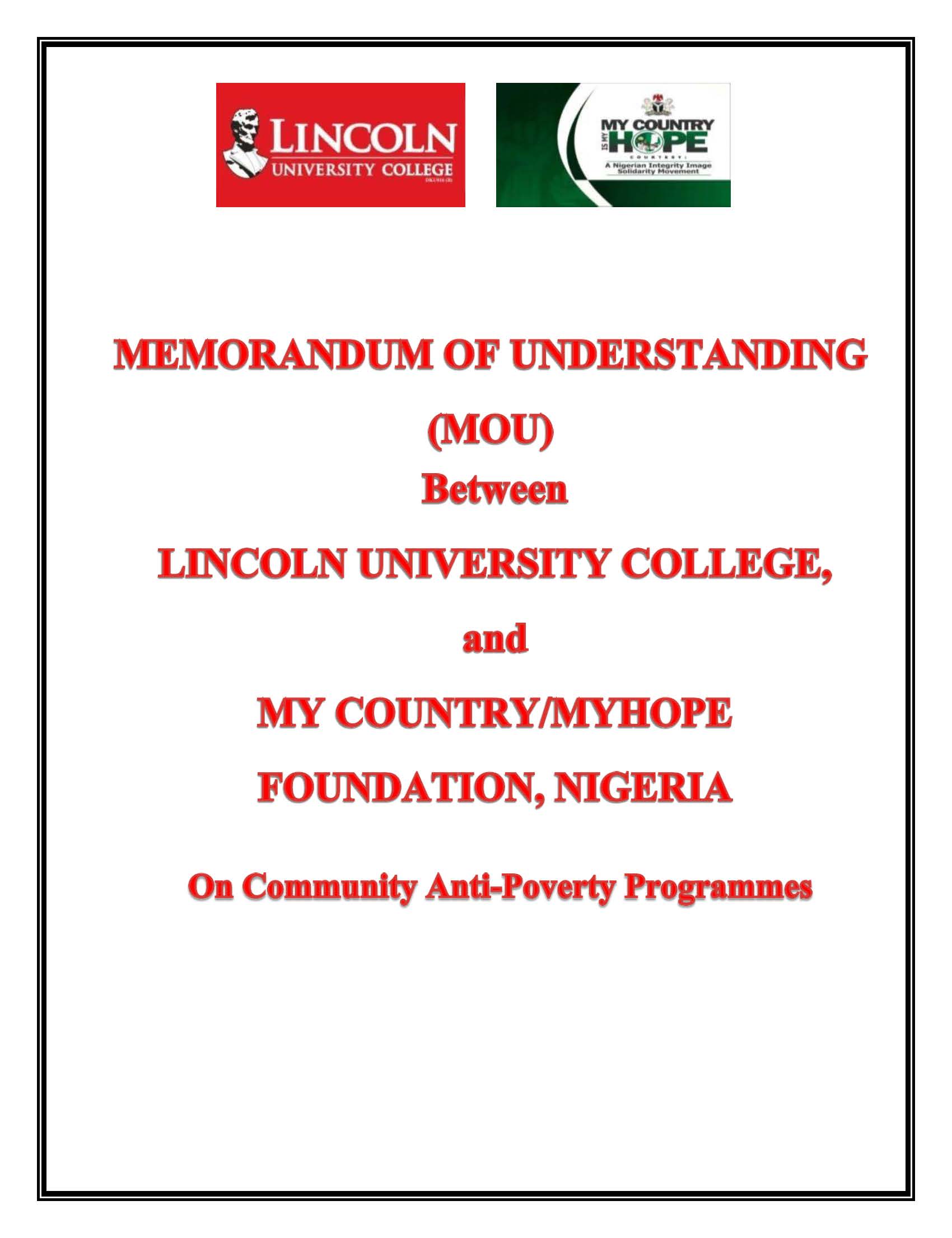 Memorandum of Understanding (MOU) between Lincoln University College and My Country/MyHope Foundation, Nigeria, on Community Anti-Poverty Programmes